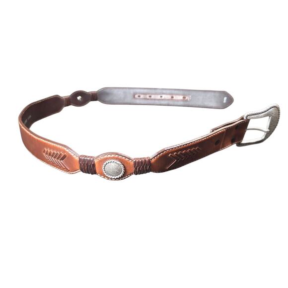 Nocona Tan Brown Leather Belt Western Braided‎ & Concho Silver Buckle Sz 32 NWOT - Picture 2 of 11